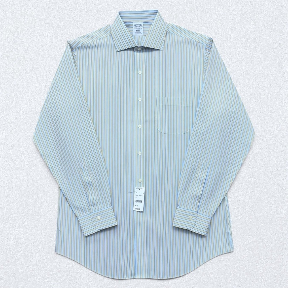 Brooks Brothers Dress Shirt Mens 15.5 33 Blue Yellow Striped Regent Non-Iron NWT